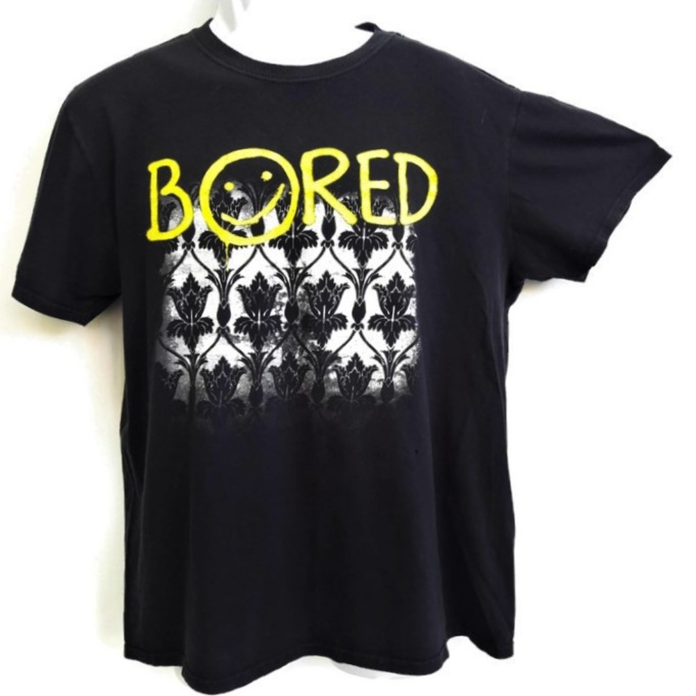 Graphic Black Tee T Shirt Bored Smiley Face Destroyed Meditation L - Picture 1 of 5